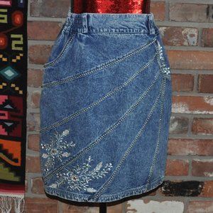 Vtg 80s Jazzino Acid Wash Denim Jean Silver Stud Embroidered Rhinestone Skirt M